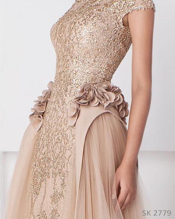 Beige Shiny Embroidered Dress - Rofial Beauty