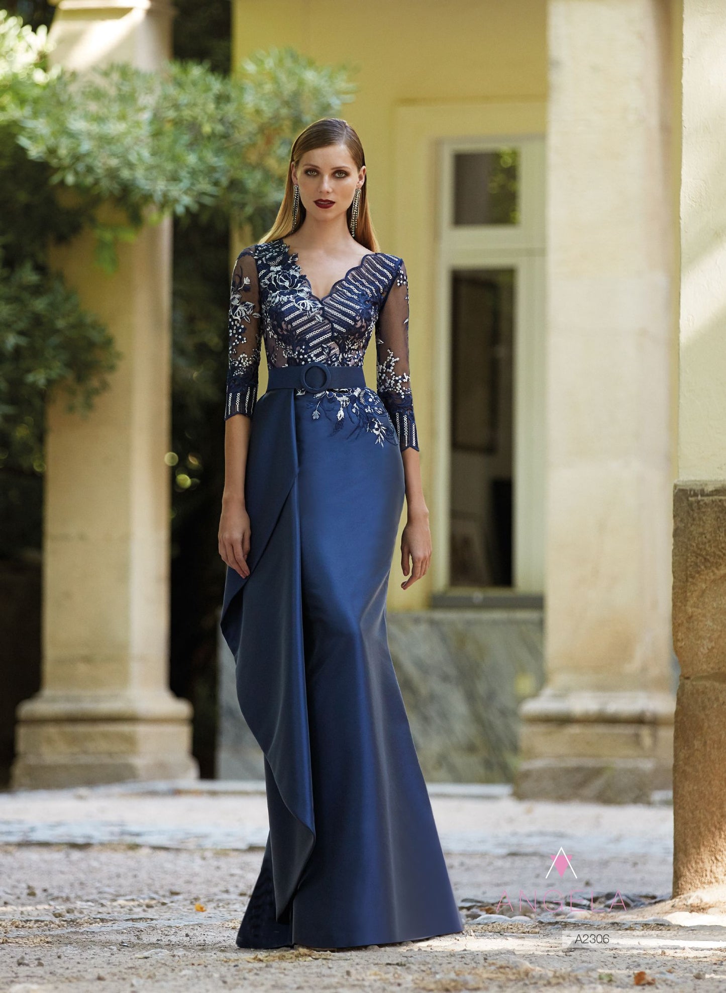 HigarNovias A2306 Luxurious Royal Navy French Sleeve Gown