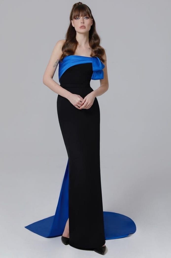 MNM Couture N0463 Gorgeous Black and Blue Long Gown