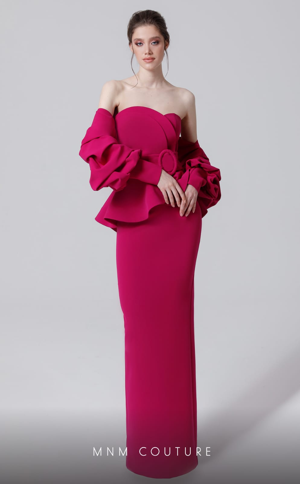 MNM Couture N0467 Strapless Belted-Peplum Gown.