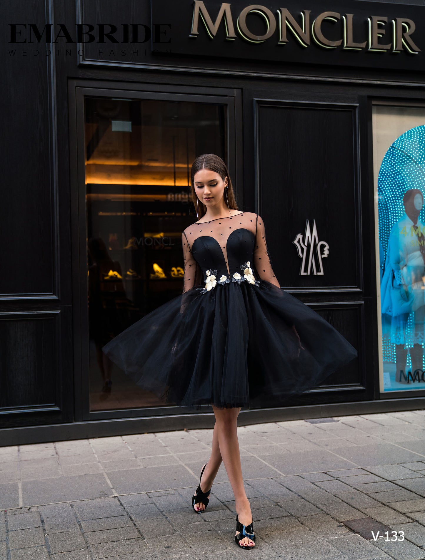 Emabride V-133 Black Feathery Prom Gown on model - Rofial Beauty