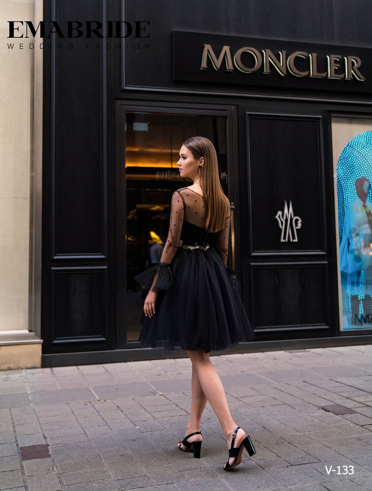 Back view of Emabride V-133 Black Feathery Prom Gown - Rofial Beauty