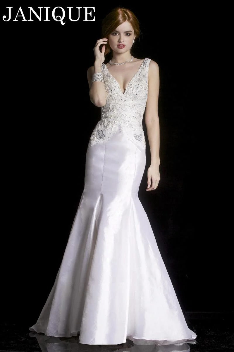 Janique 118 White Mermaid Sleeveless Gown