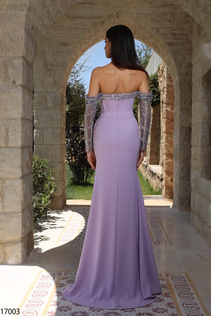 Elegant Lavender Off-Shoulder Gown with Beaded Sleeves - 17003