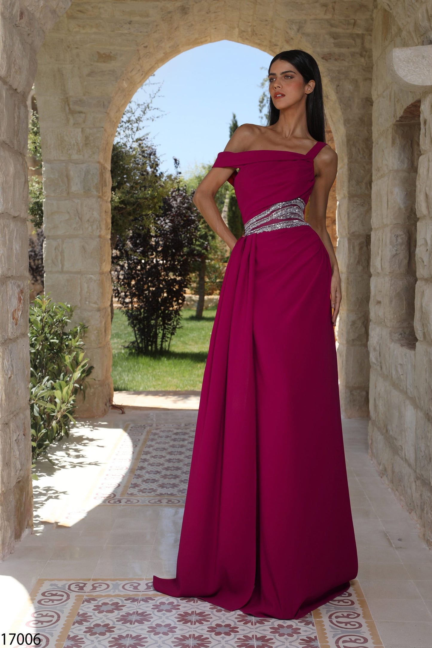 Fuchsia One-Shoulder Gown with Silver Waist Embellishment - 17006