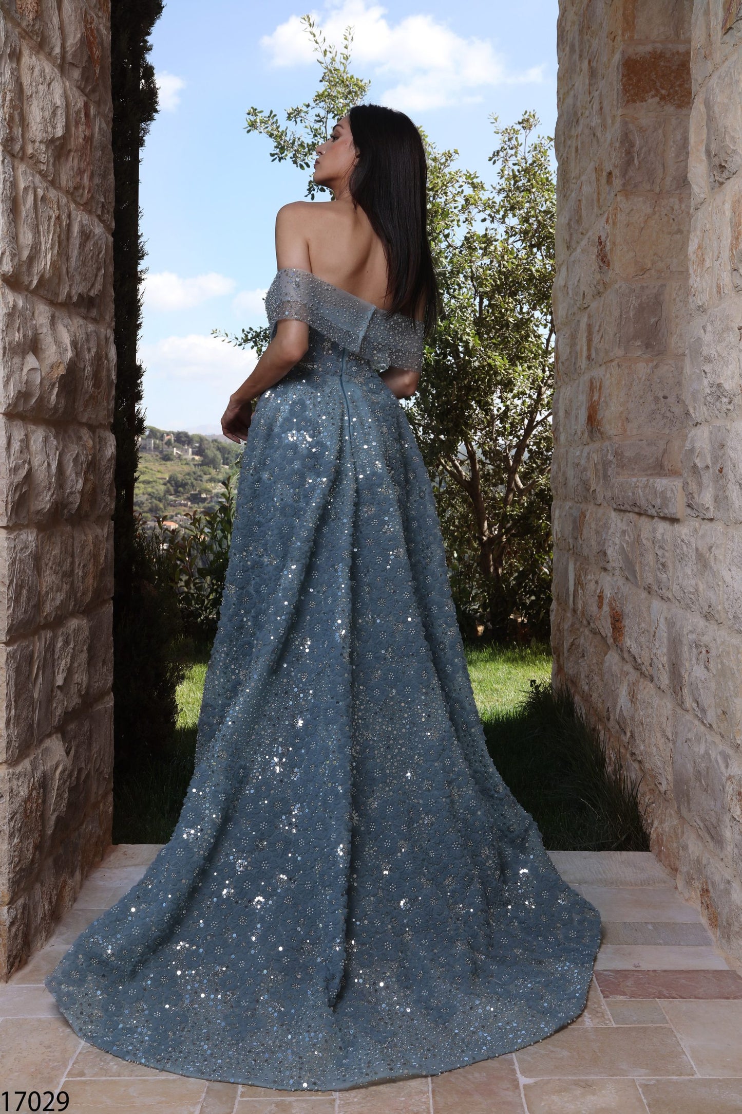 Azzure Couture 17029 Embellished Ball Gown with Detachable Off-Shoulder Collar