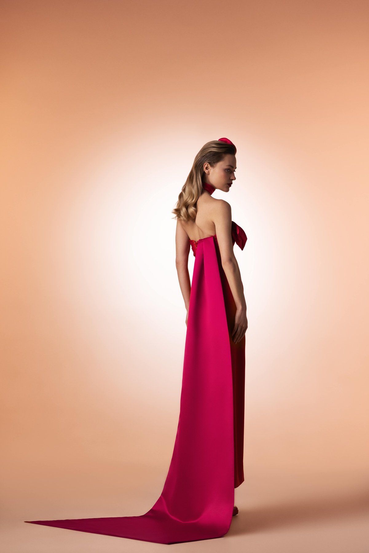 Red and Pink Strapless Gown with Bow Detail