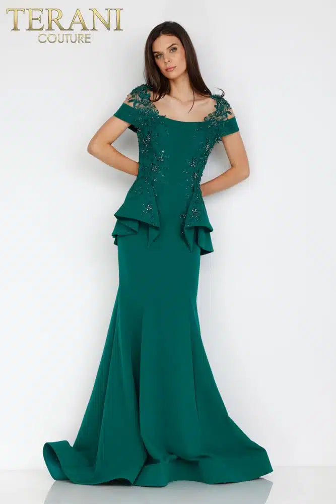 Terani-Couture-2111M5262-Short-Sleeve-Peplum-Long-Gown-Emerald-Green-Front-View - Rofial Beauty