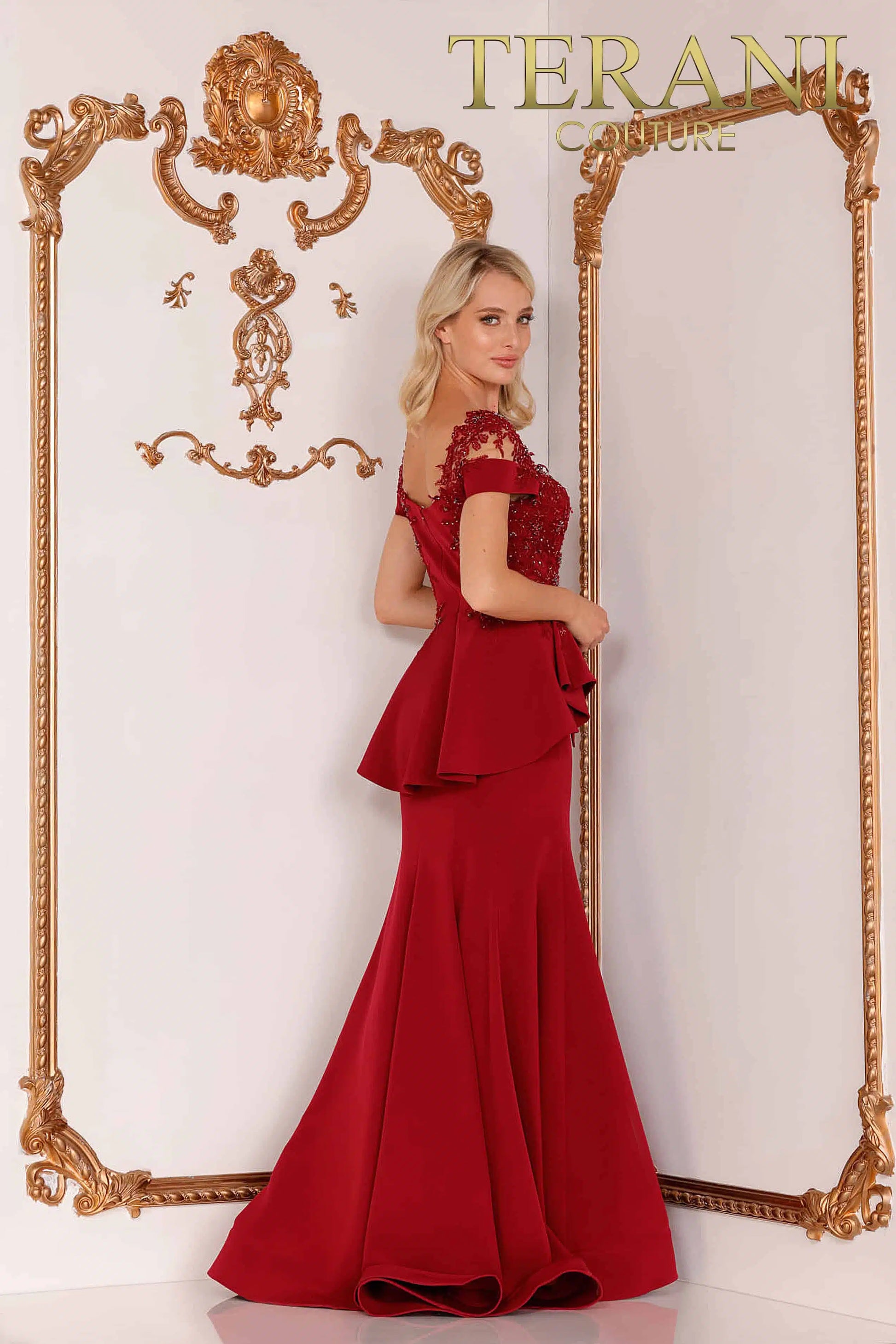 Terani-Couture-2111M5262-Short-Sleeve-Peplum-Long-Gown-Emerald-Red-Back-View - Rofial Beauty