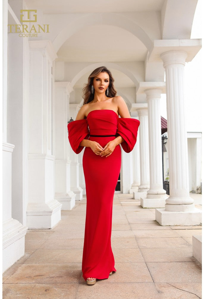 Terani Couture 251E4204 Matte Satin Off-Shoulder Sheath Gown with Back Slit – Red