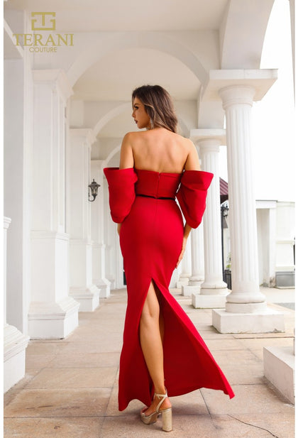 Terani Couture 251E4204 Off-Shoulder Satin Sheath Gown – Red