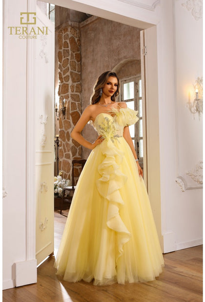 Terani Couture 251P4074 Yellow Tulle Ball Gown with Ruffle Detail & Co Rofial Beauty Terani Couture 251P4074 Yellow Tulle Ball Gown with Ruffle Detail & Co Rofial Beauty