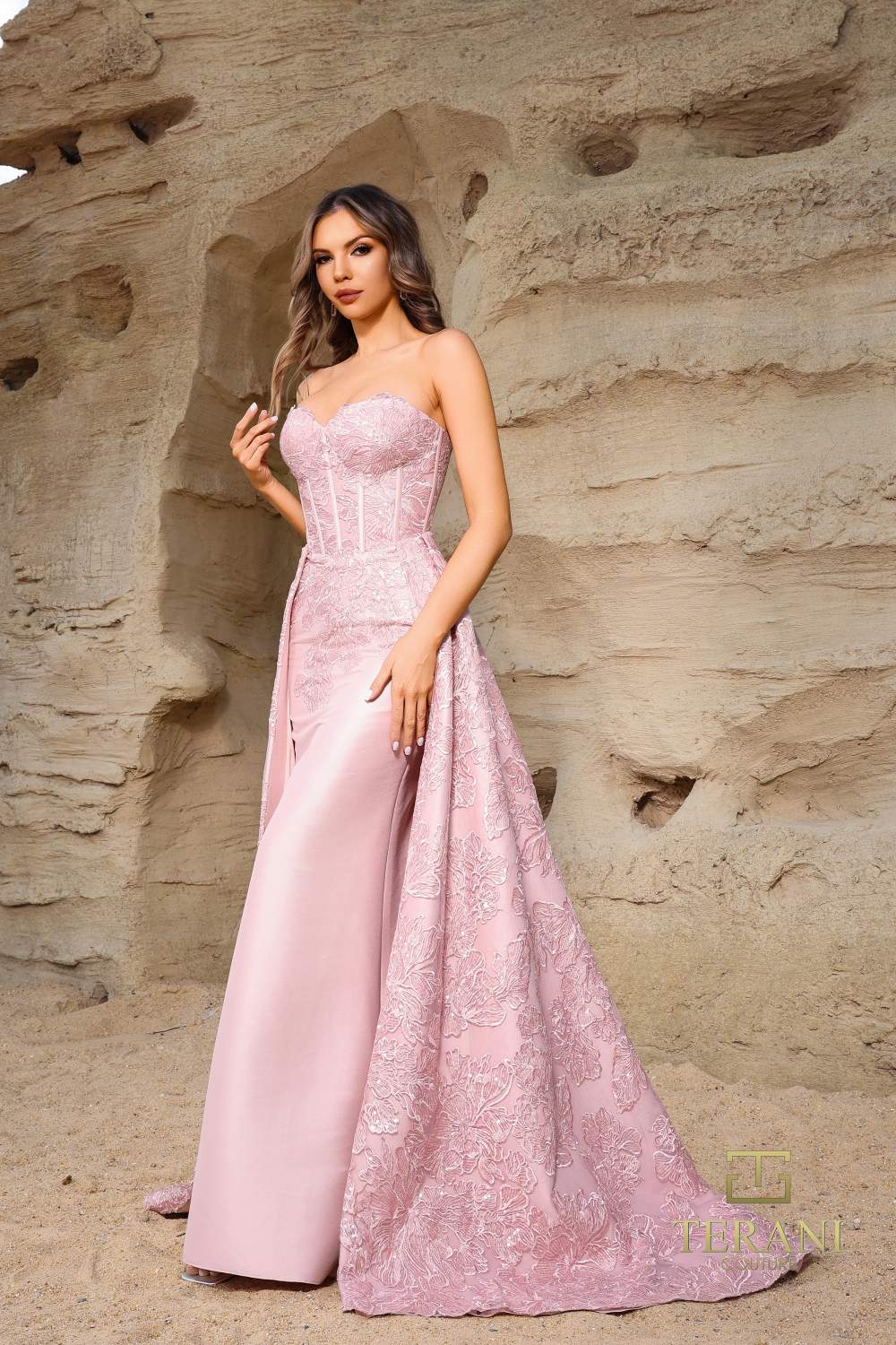 Terani Couture 252E5134 Blush Mikado Strapless Fit & Flare Evening Gown with Lace Embroidered Overskirt