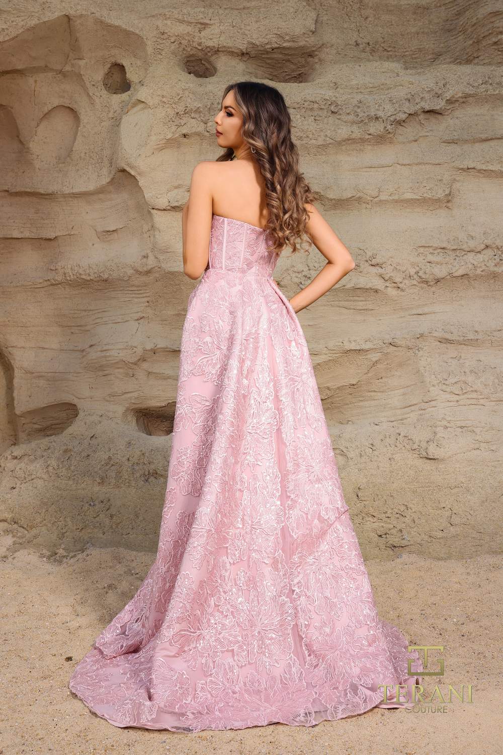 Terani Couture 252E5134 Blush Mikado Strapless Fit & Flare Evening Gown with Lace Embroidered Overskirt