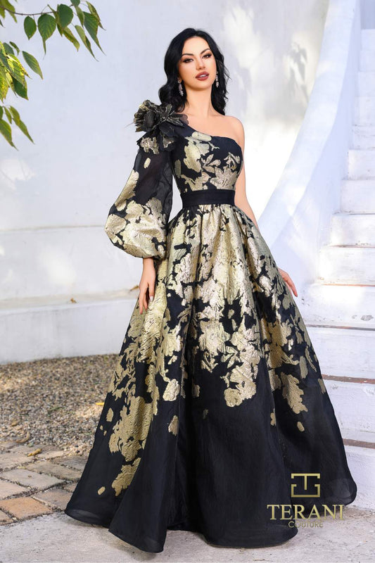 Terani Couture 252E5140 Black/Gold One-Shoulder Metallic Floral Ballgown Evening Dress