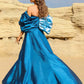 Terani Couture 252E5141 Blue Denim Taffeta Fit & Flare Evening Gown with Asymmetrical Neckline, Balloon Sleeves & Crystal Waist