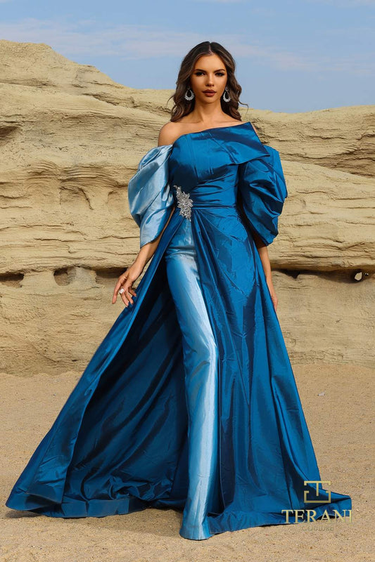 Terani Couture 252E5141 Blue Denim Taffeta Fit & Flare Evening Gown with Asymmetrical Neckline, Balloon Sleeves & Crystal Waist