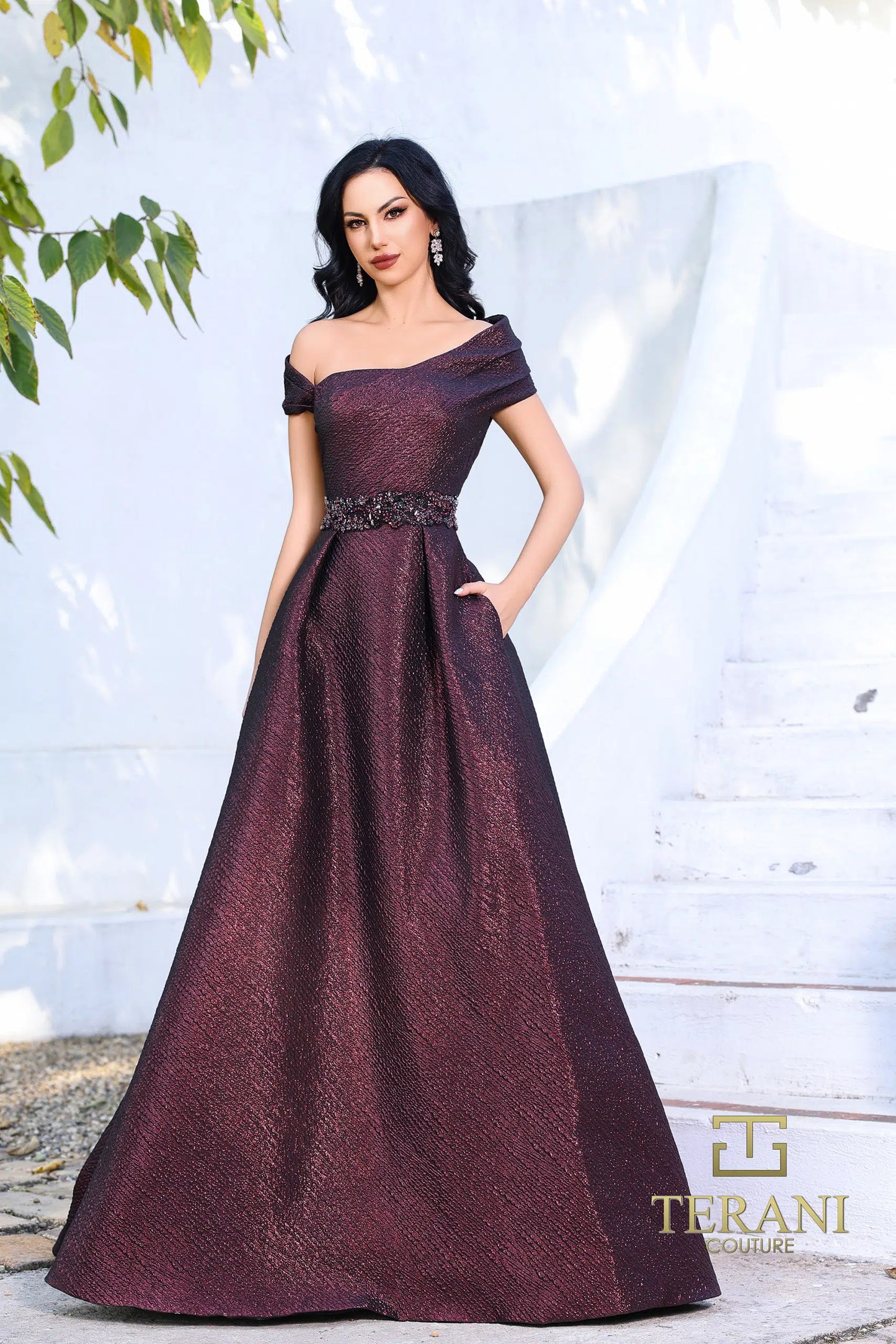 Terani Couture 252M5333 Vino Ripple Jacquard Ballgown – Asymmetrical Cape Sleeve Mother of the Bride Dress with Beaded Belt