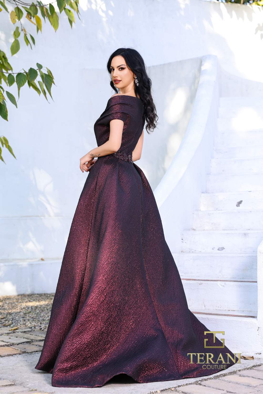 Terani Couture 252M5333 Vino Ripple Jacquard Ballgown – Asymmetrical Cape Sleeve Mother of the Bride Dress with Beaded Belt