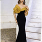 Terani Couture 252E5181 Black Crepe Fit & Flare Evening Gown with Off-Shoulder Ruffled Cape Sleeves