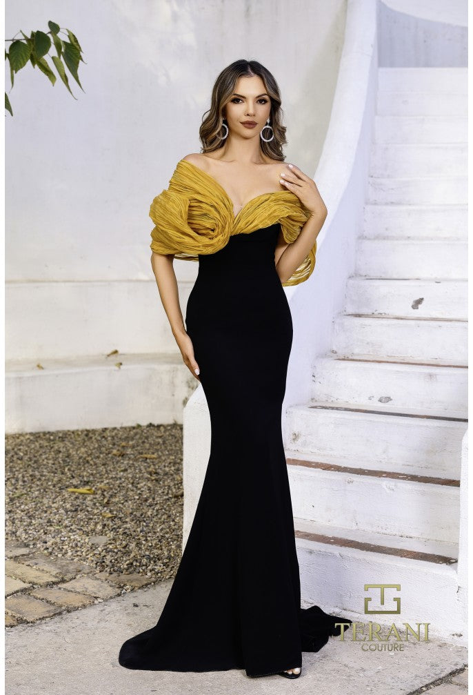 Terani Couture 252E5181 Black Crepe Fit & Flare Evening Gown with Off-Shoulder Ruffled Cape Sleeves