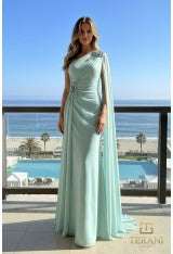 Terani Couture 261E6205 One-Shoulder Chiffon Cape Evening Gown