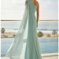 Terani Couture 261E6205 One-Shoulder Chiffon Cape Evening Gown