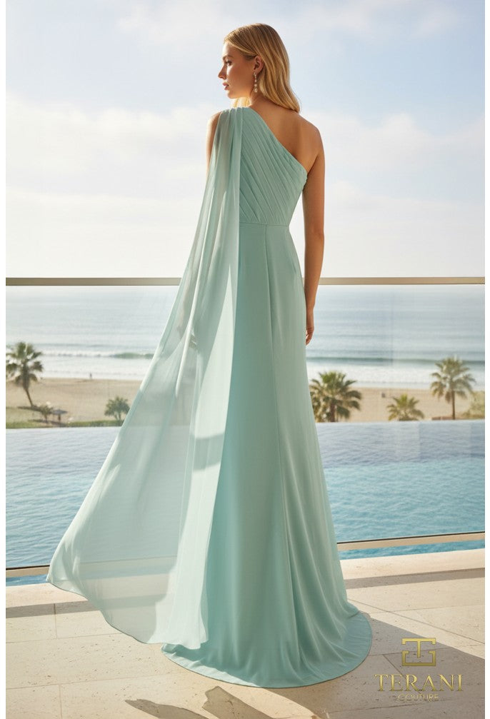 Terani Couture 261E6205 One-Shoulder Chiffon Cape Evening Gown