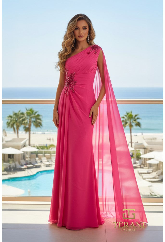 Terani Couture 261E6205 One-Shoulder Chiffon Cape Evening Gown