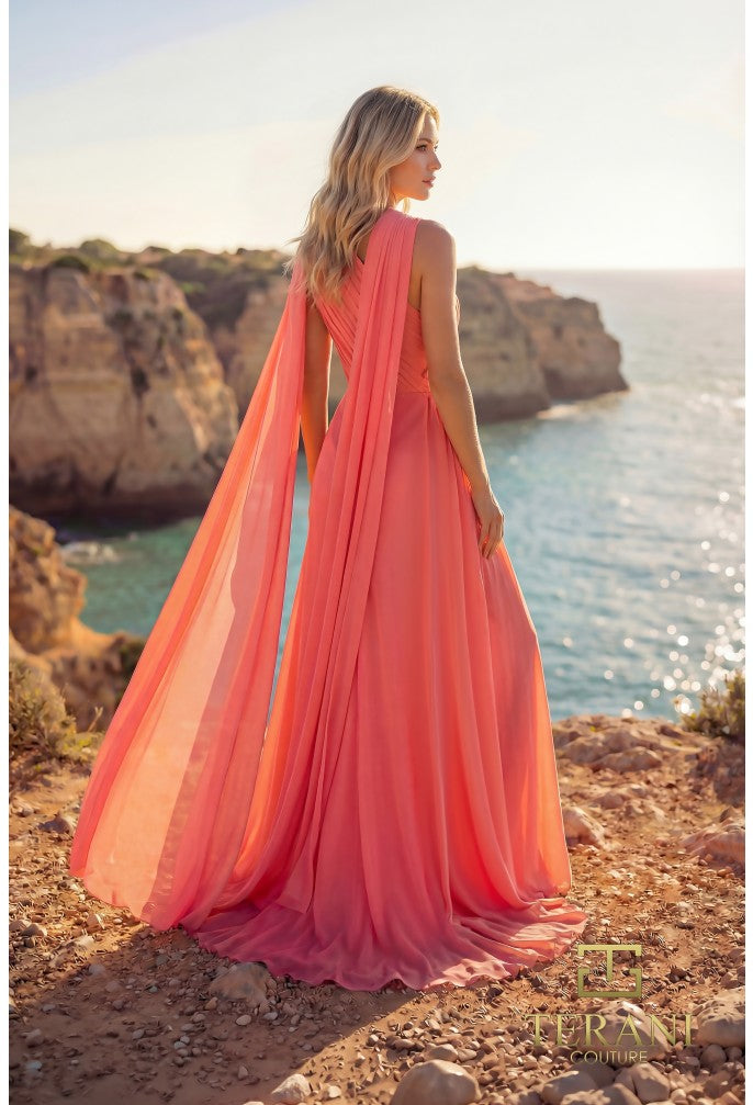 Terani Couture 261E6205 One-Shoulder Chiffon Cape Evening Gown