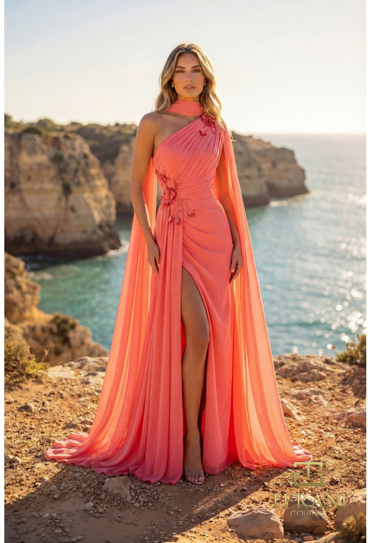 Terani Couture 261E6205 One-Shoulder Chiffon Cape Evening Gown