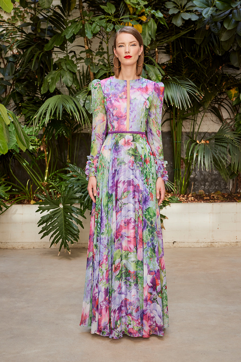 Carla Ruiz 50405: Spring-Inspired Floral Print Gown with Sheer Sleeves and Cinched Waist