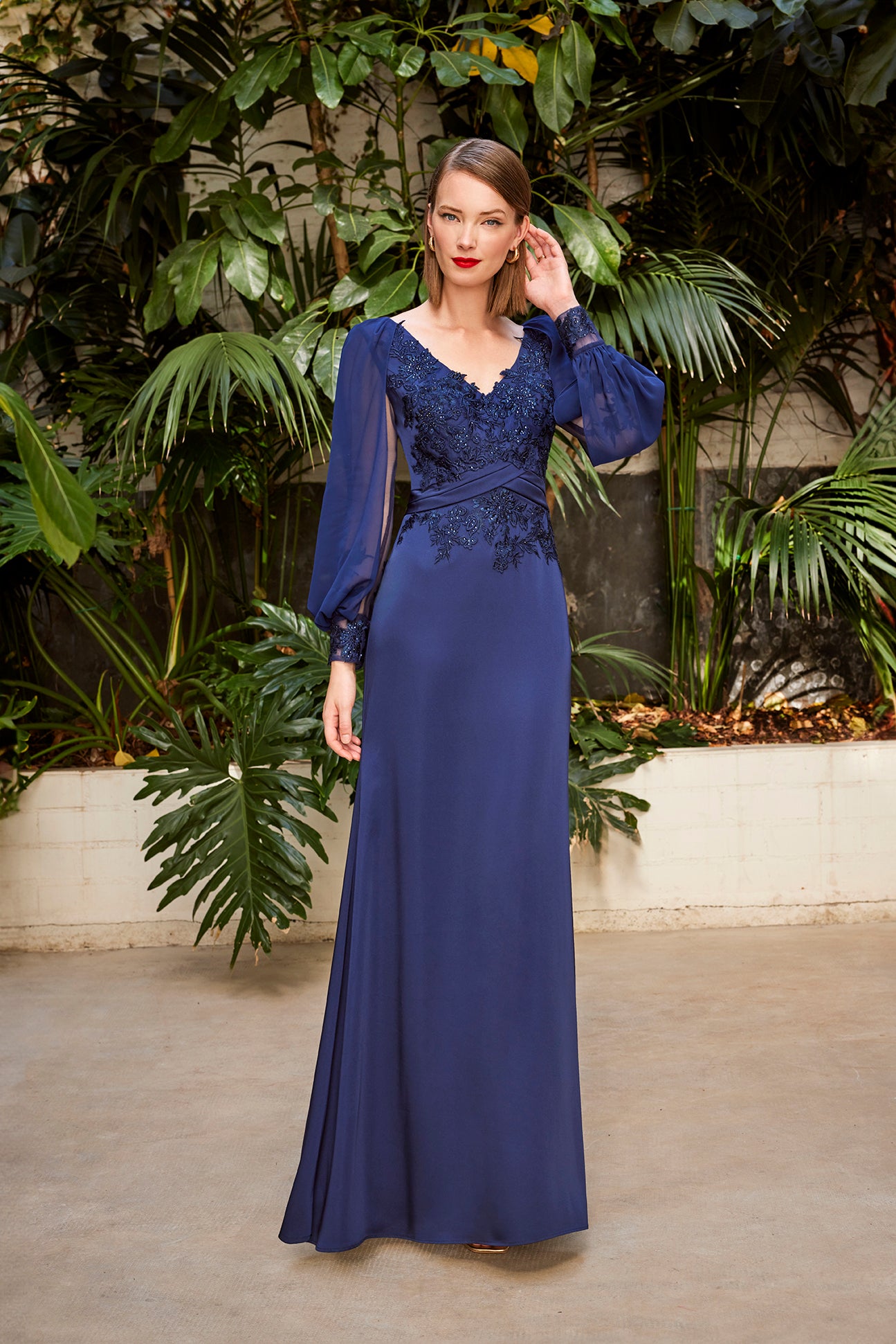 Carla Ruiz 50421: Elegant Maroon and Teal Evening Gown with Lace Embellishments and Sheer Sleeves