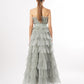 Rear view of the tiered tulle gown with a fitted embellished waistband, in a color that is available in mauve.