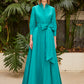 Carla Ruiz 50563: Contemporary Silk Wrap Dress in Teal with Fuchsia and Pistachio Variants