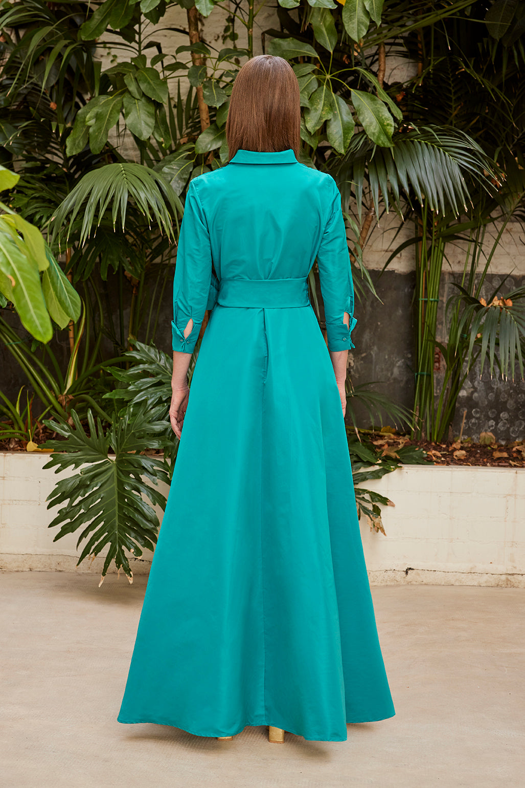 Carla Ruiz 50563: Contemporary Silk Wrap Dress in Teal with Fuchsia and Pistachio Variants