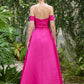 Back view of the fuchsia evening gown, also offered in red, showcasing the smooth zipper closure and off-the-shoulder sleeves against a garden wall draped with ivy.