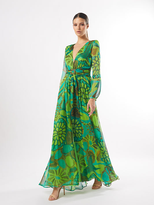 Carla Ruiz 50630: Elegant Multipink and Multigreen Floral Maxi Dress with Jeweled Belt Detail