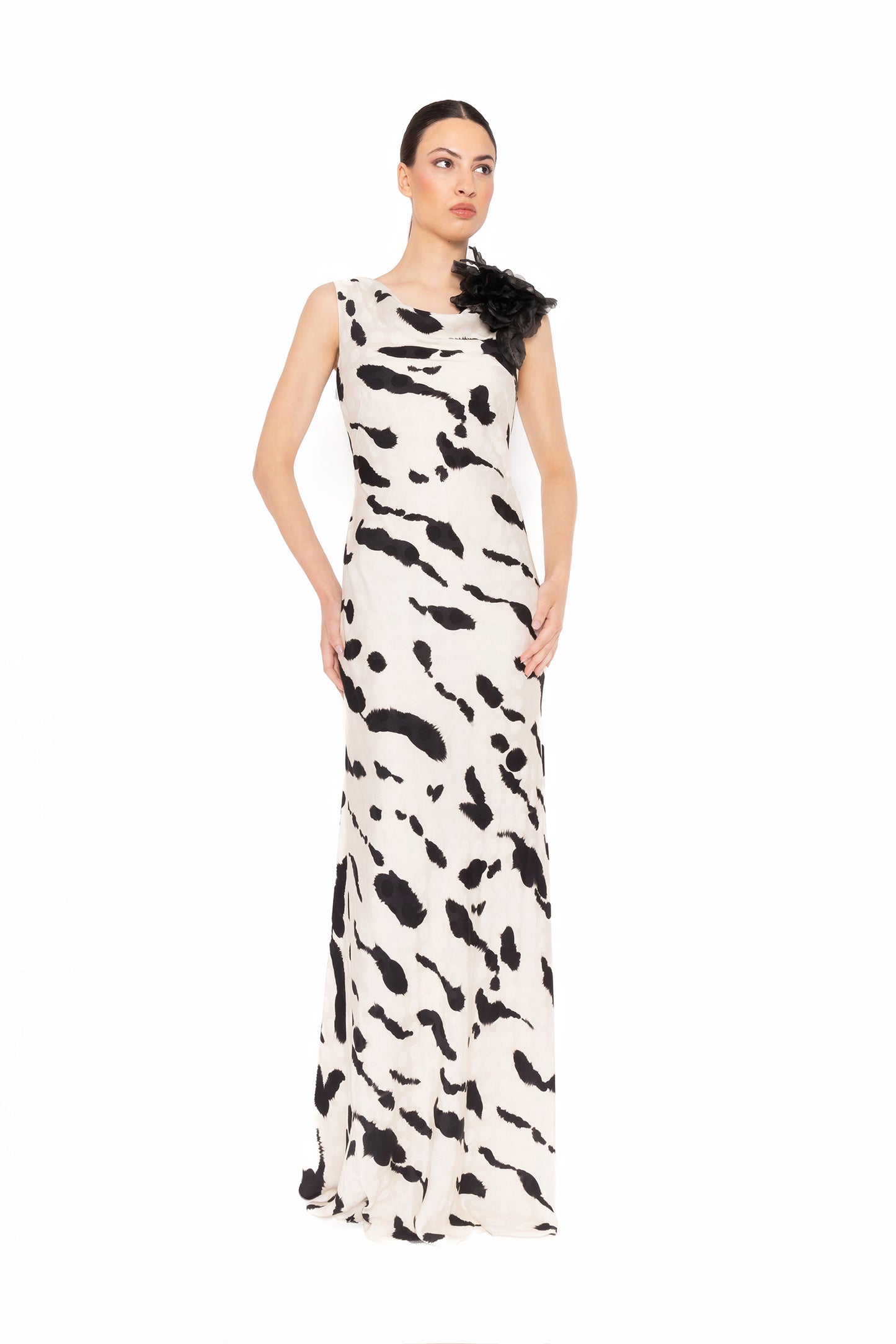 Carla Ruiz 52511 Printed Sleeveless Evening Gown with Floral Shoulder Detail