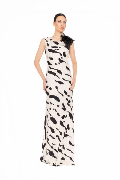 Carla Ruiz 52511 Printed Sleeveless Evening Gown with Floral Shoulder Detail