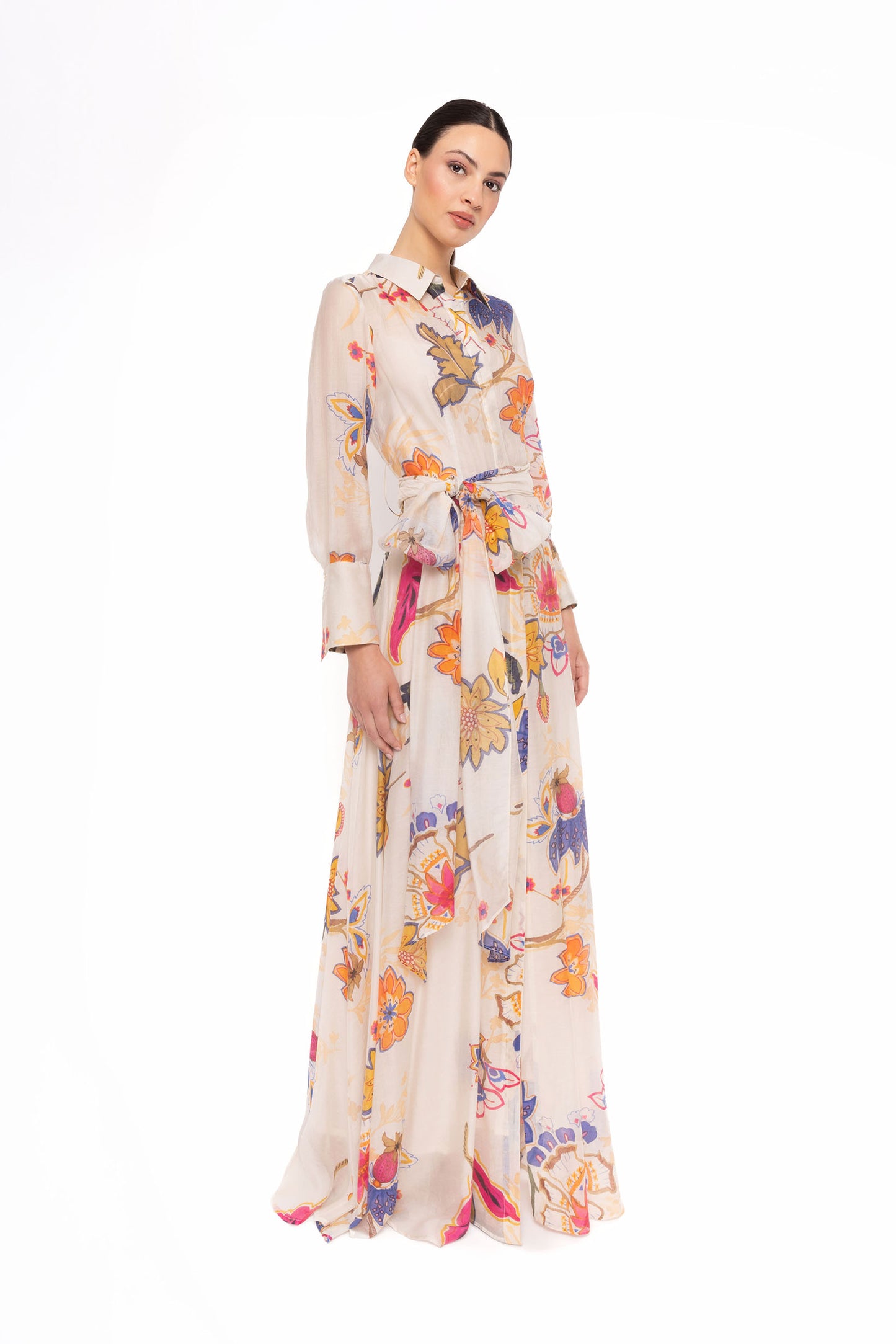 Carla Ruiz 52538 Floral Chiffon Long Sleeve Evening Gown with Tie Waist