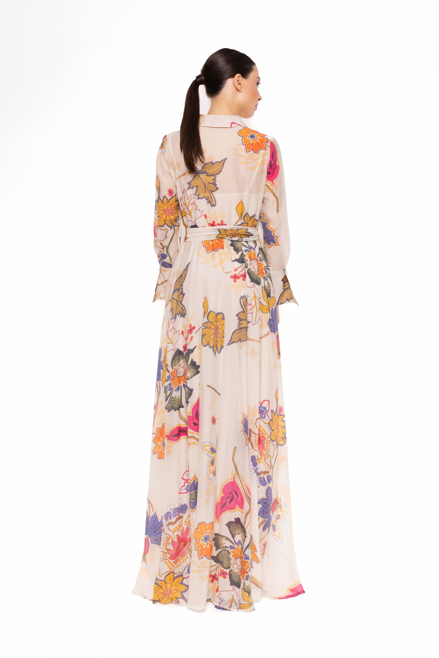 Carla Ruiz 52538 Floral Chiffon Long Sleeve Evening Gown with Tie Waist