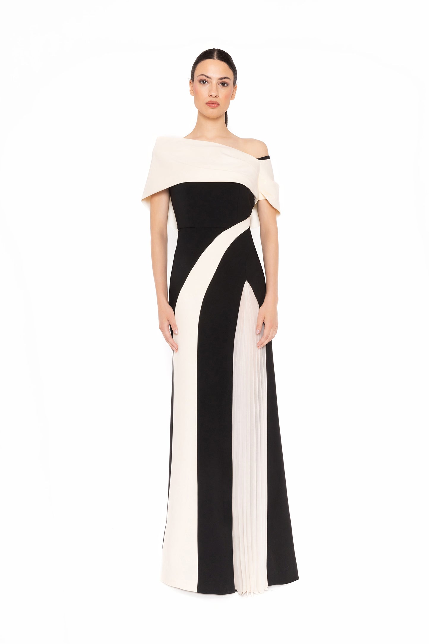 Carla Ruiz 52546 Off-Shoulder Color-Block Evening Gown with Pleated Panel