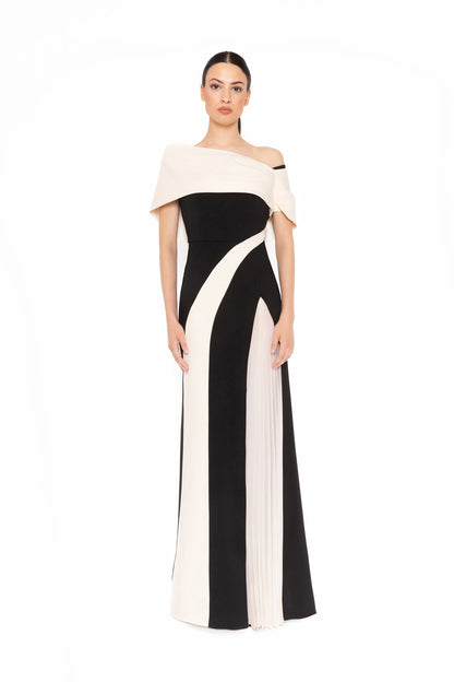Carla Ruiz 52546 Off-Shoulder Color-Block Evening Gown with Pleated Panel