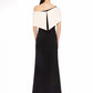 Carla Ruiz 52546 Off-Shoulder Color-Block Evening Gown with Pleated Panel