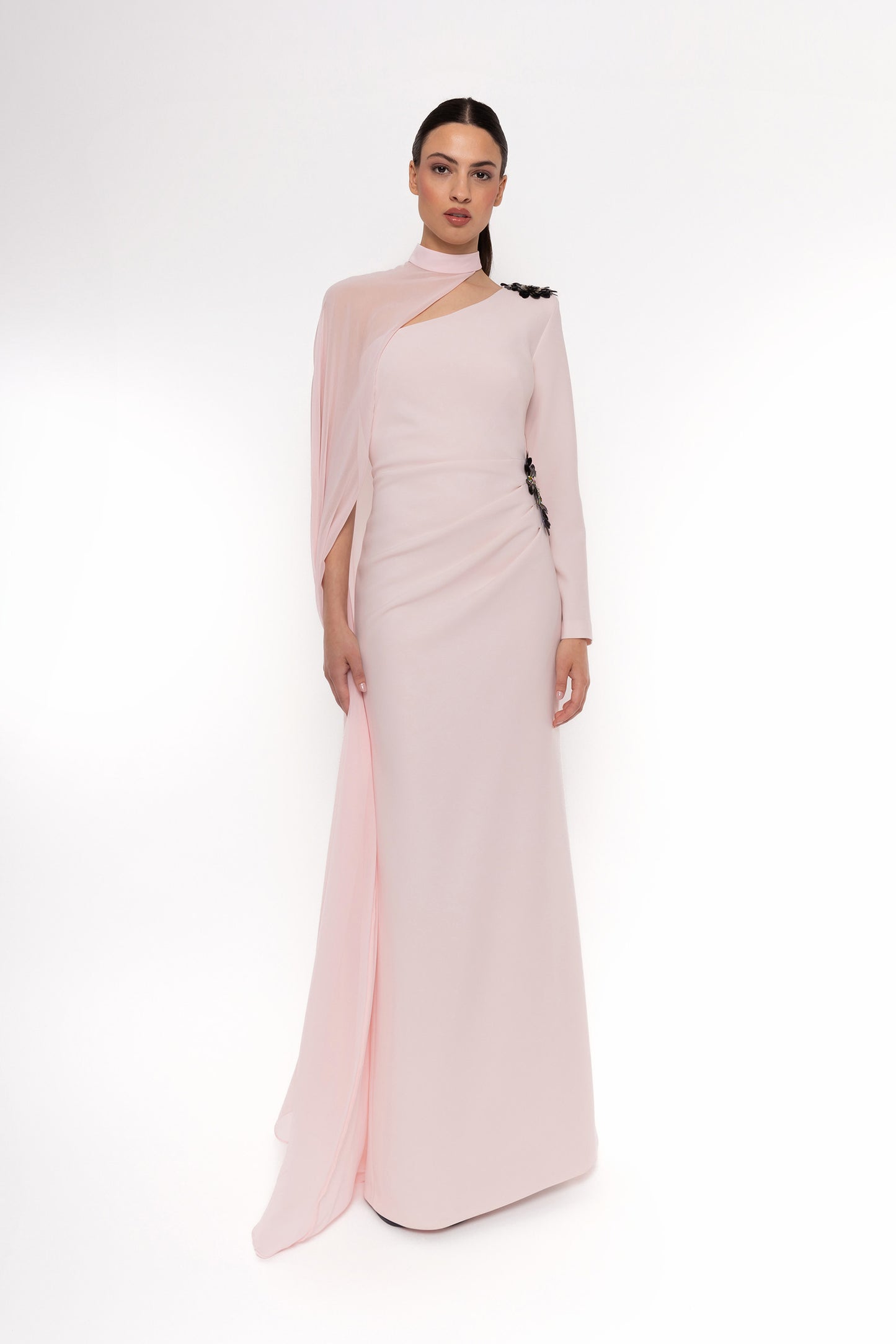 Carla Ruiz 52566 One-Shoulder Evening Gown with Sheer Cape Detail