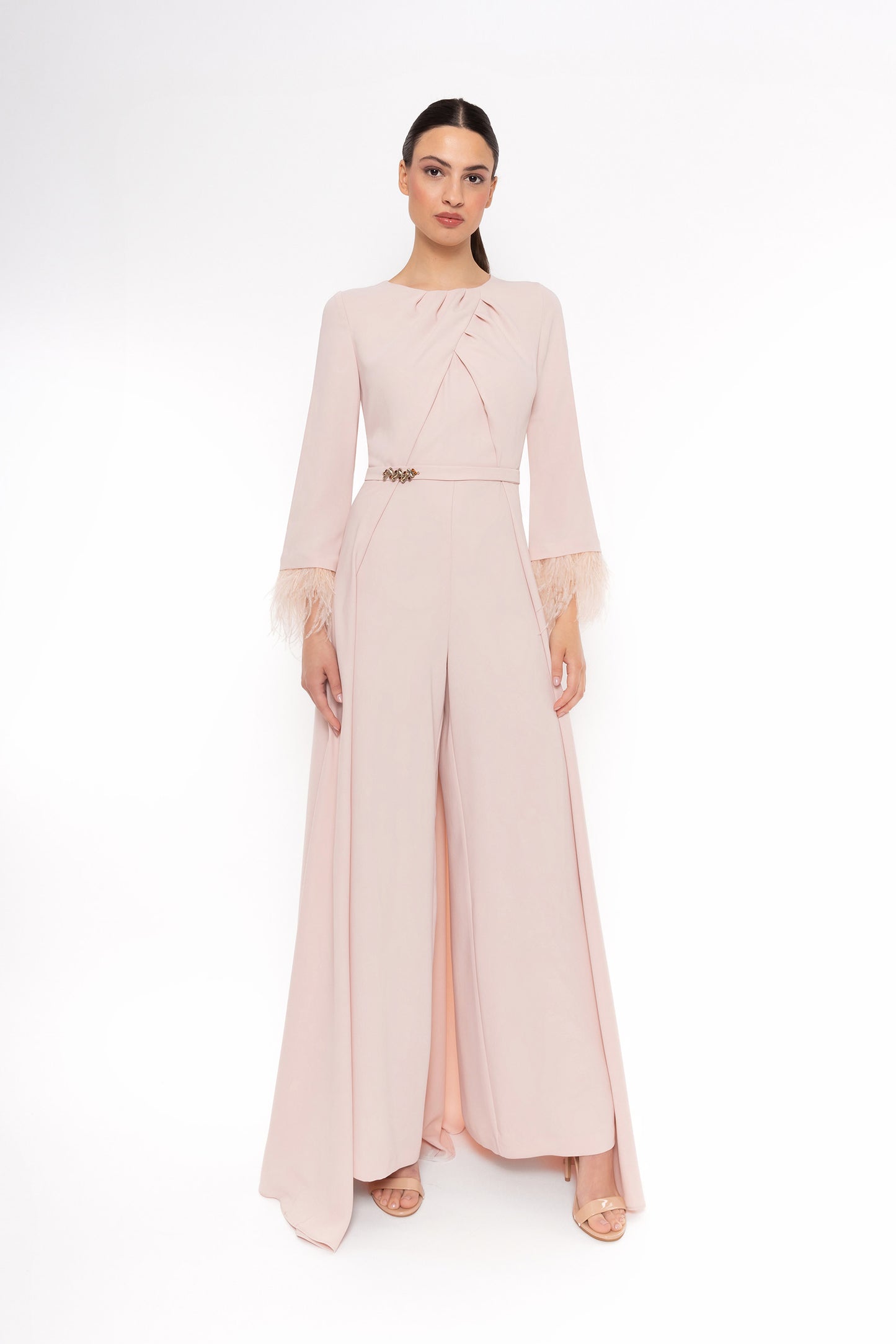 Carla Ruiz 52628 Long Sleeve Jumpsuit with Feather Cuffs