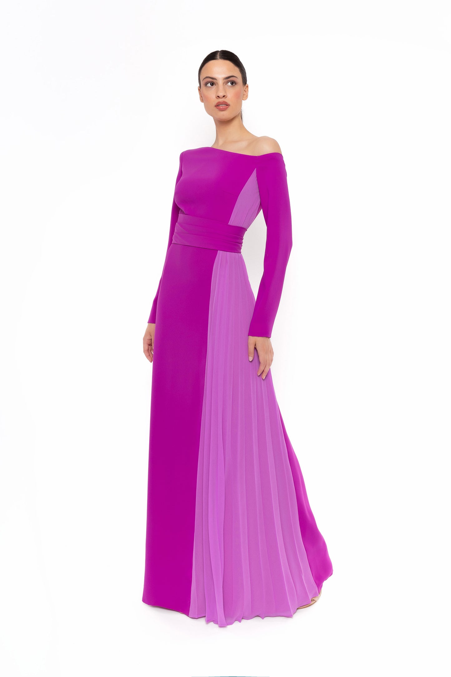 Carla Ruiz 52630 Off-Shoulder Colorblock Gown with Pleated Panel
