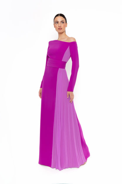 Carla Ruiz 52630 Off-Shoulder Colorblock Gown with Pleated Panel