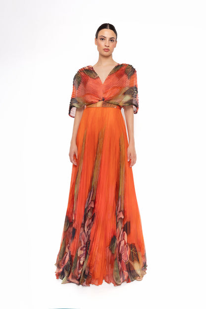 Carla Ruiz 52700 Pleated Chiffon Gown in Sunset Orange